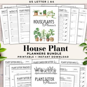 Könnte beinhalten: Druckbarer Hauspflanzen-Planer-Bundle mit schwarzen und weißen Seiten. Die Seiten beinhalten Abschnitte für täglich, wöchentlich und Pflanzenprofile. Es gibt auch Seiten für Pflanzen-Sitter-Informationen und Pflanzenkarten für Sitter. Das Cover zeigt eine Aquarell-Illustration von Topfpflanzen.
