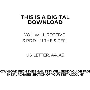 This is a Digital Download. You will receive 3 PDFs in the sizes US Letter, A4, and A5.
Download from the email Etsy will send you or from the purchases section of your Etsy account.