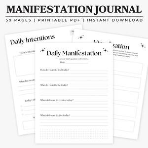 Puede incluir: Un diario de manifestación blanco con texto negro e iconos de estrellas. Las páginas presentan encabezados como Daily Intentions, Daily Manifestation y Visualization, con líneas para escribir, casillas de verificación y espacios en blanco.