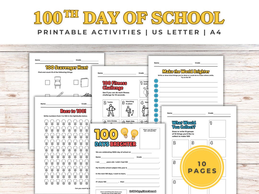 100 Days Brighter Activity Set - Instant Download, Fun 100th Day of ...