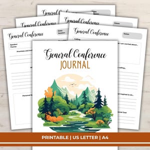 May include: A stack of white General Conference Journal pages. The journal cover features a landscape illustration with mountains, trees, and a river. Text includes "General Conference Journal" and "Printable | US Letter | A4".
