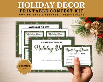 Festive Holiday Decor Contest Printable Ballots & Awards Set, Cheerful Holiday Contest Ballots and Award Certificates Kit