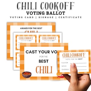 May include: A set of three orange and white checkered voting cards for a chili cookoff. The cards have the text "Chili Cookoff" and "Vote for the Best" and spaces to write in the best chili for flavor, spice, and overall.