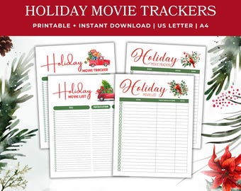 Printable Holiday Movie Watchlist Trackers, Christmas Season Movie Trackers Digital Download, Ultimate Festive Xmas Film List Planner