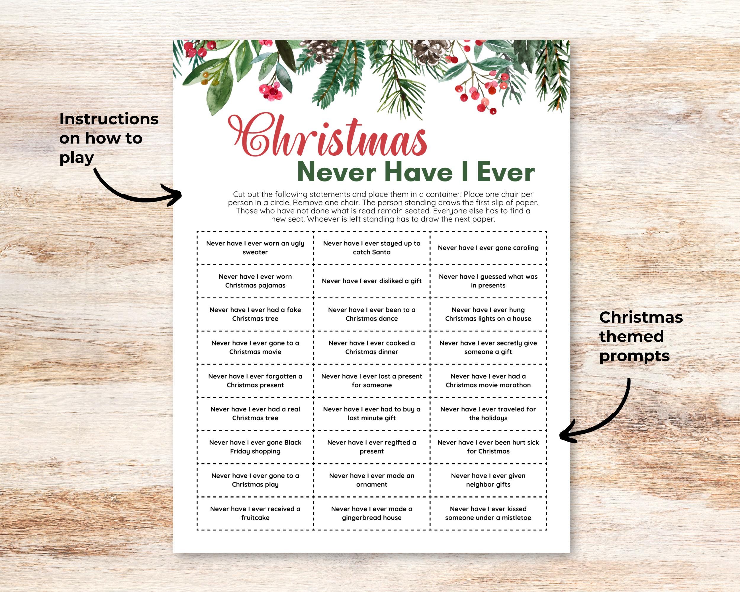 Printable Christmas Never Have I Ever Party Game for Teens and Adults ...