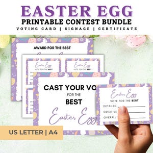May include: Printable Easter egg contest bundle with voting cards, signage, and a certificate. The cards feature a purple and white floral design with the text "Easter Egg Vote for the Best".