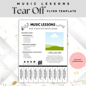 Op de afbeelding: Een zwart-witte afscheurbare flyer-sjabloon voor muzieklessen. De flyer heeft een muzieknootontwerp, een grafiek met een wolk en groene heuvels, en de tekst "Muzieklessen Uitblinken in muziek met privélessen".