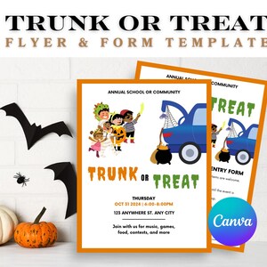 May include: A printable flyer and entry form template for a Trunk or Treat event. The flyer features an illustration of children dressed in costumes and a car with a decorated trunk. The text on the flyer reads "Trunk or Treat", "Thursday, Oct 31, 2024", "6:00-8:00 PM", "123 Anywhere St., Any City", and "Join with us for music, games, food, contests, and more". The entry form has the text "Entry Form" and "The event is..."