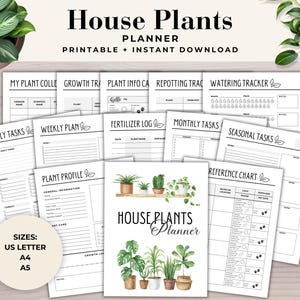 Könnte beinhalten: Druckbarer Hauspflanzen-Planer mit Seiten für tägliche Aufgaben, Wochenpläne, Pflanzenprofile, Düngerprotokolle, monatliche Aufgaben, saisonale Aufgaben, Bewässerungstracker und eine Referenztabelle. Der Planer zeigt eine Aquarellillustration von Topfpflanzen.