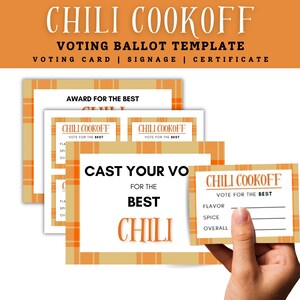 May include: A printable chili cook-off voting ballot template with an orange and white plaid design. The text "CHILI COOKOFF" is in a bold, orange font. The ballot includes categories for flavor, spice, and overall.
