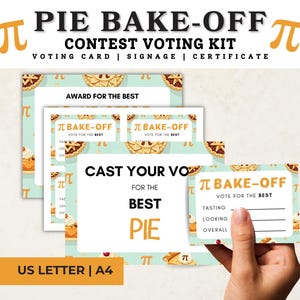 May include: A pie bake-off contest voting kit with voting cards, signage, and certificates. The design features pie illustrations, the pi symbol, and text that reads "Pie Bake-Off" and "Vote for the Best". The kit includes cards for tasting, looking, and overall scores.