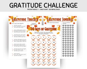 30 Tage Dankbarkeit Challenge druckbares Bündel: Journal, Tracker und Eingabeaufschläge, Dankbarkeitstracker und Journal - druckbare Dankbarkeit Challenge