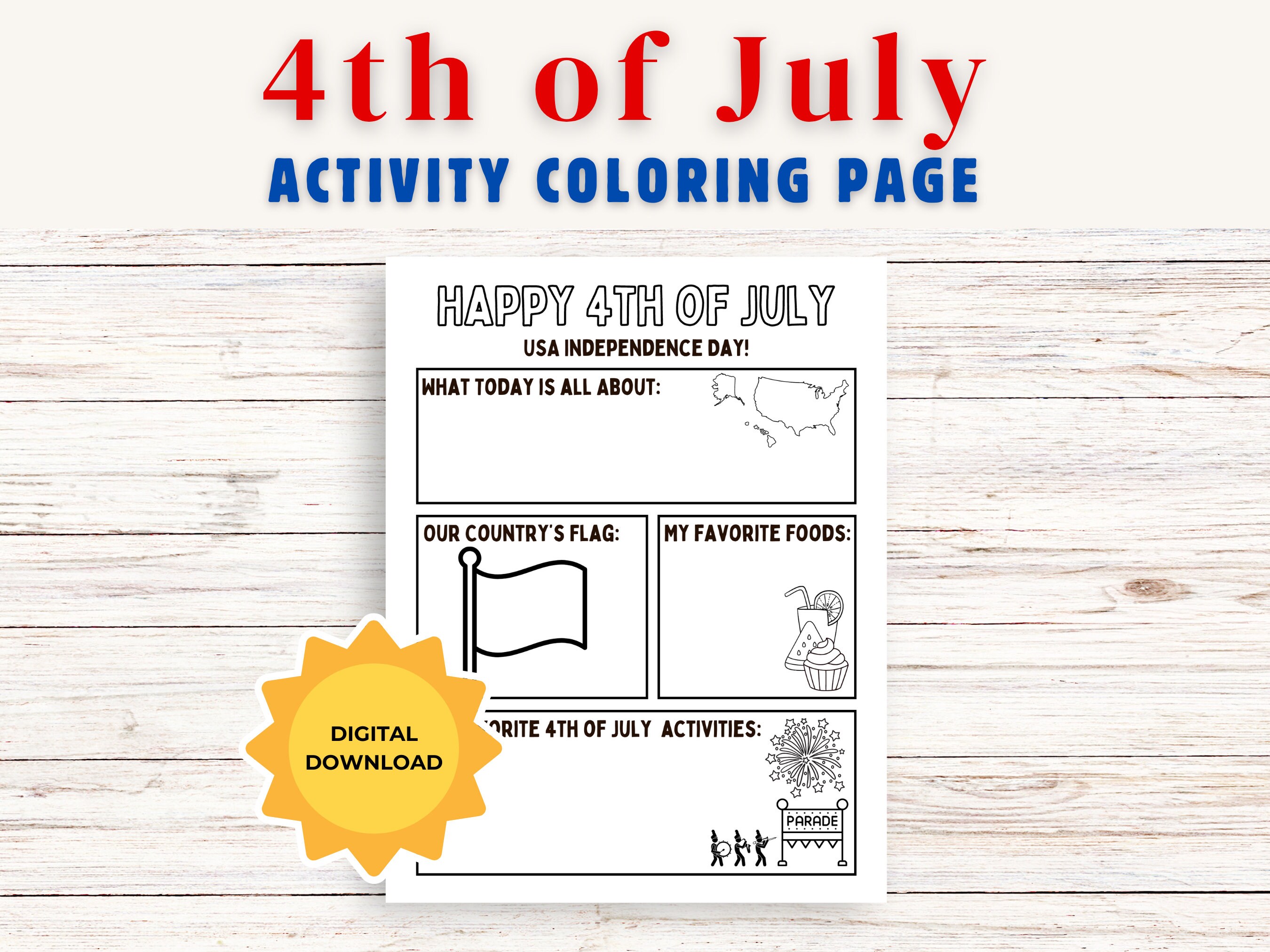 4th of July Activity Coloring Page Printable, Kids Independence Day ...