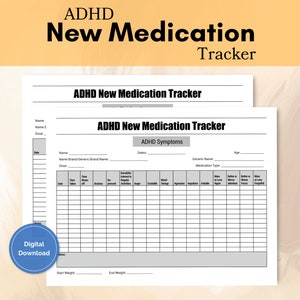 Op de afbeelding: Printbare ADHD Nieuwe Medicatie Tracker, een zwart-witte digitale download, met een grijze tabel om medicatie, symptomen en bijwerkingen bij te houden.
