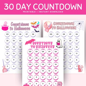 May include: Printable 30-day countdown to Halloween with three different designs. Each design features a different Halloween theme with a witch, a ghost, and a cat. The designs are pink and white with purple accents.