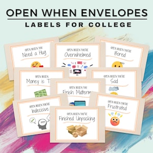 Etiquetas personalizadas para paquetes de cuidado universitario: cartas de "Abrir cuando" para estudiantes, etiquetas imprimibles para sobres de "Abrir cuando" para la universidad
