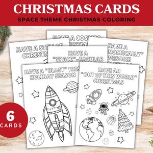Cartes à colorier de Noël dans l'espace - lot imprimable des fêtes, cartes imprimables de Noël galactique - lot de coloriage dans l'espace
