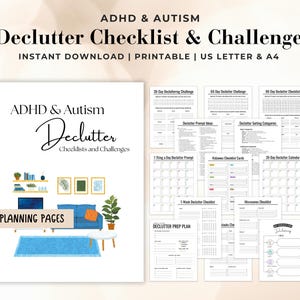 May include: A white printable declutter checklist and challenge, designed for individuals with ADHD and Autism. The design includes a living room illustration and various planning pages, with the text "ADHD & Autism Declutter Checklists and Challenges."