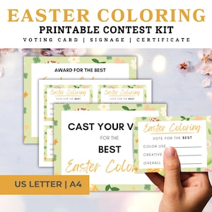 Op de afbeelding: Printbare paas kleurwedstrijd kit met stemkaarten, bewegwijzering en een certificaat. De stemkaart heeft een bloemmotief en de tekst "Easter Coloring Vote for the Best".