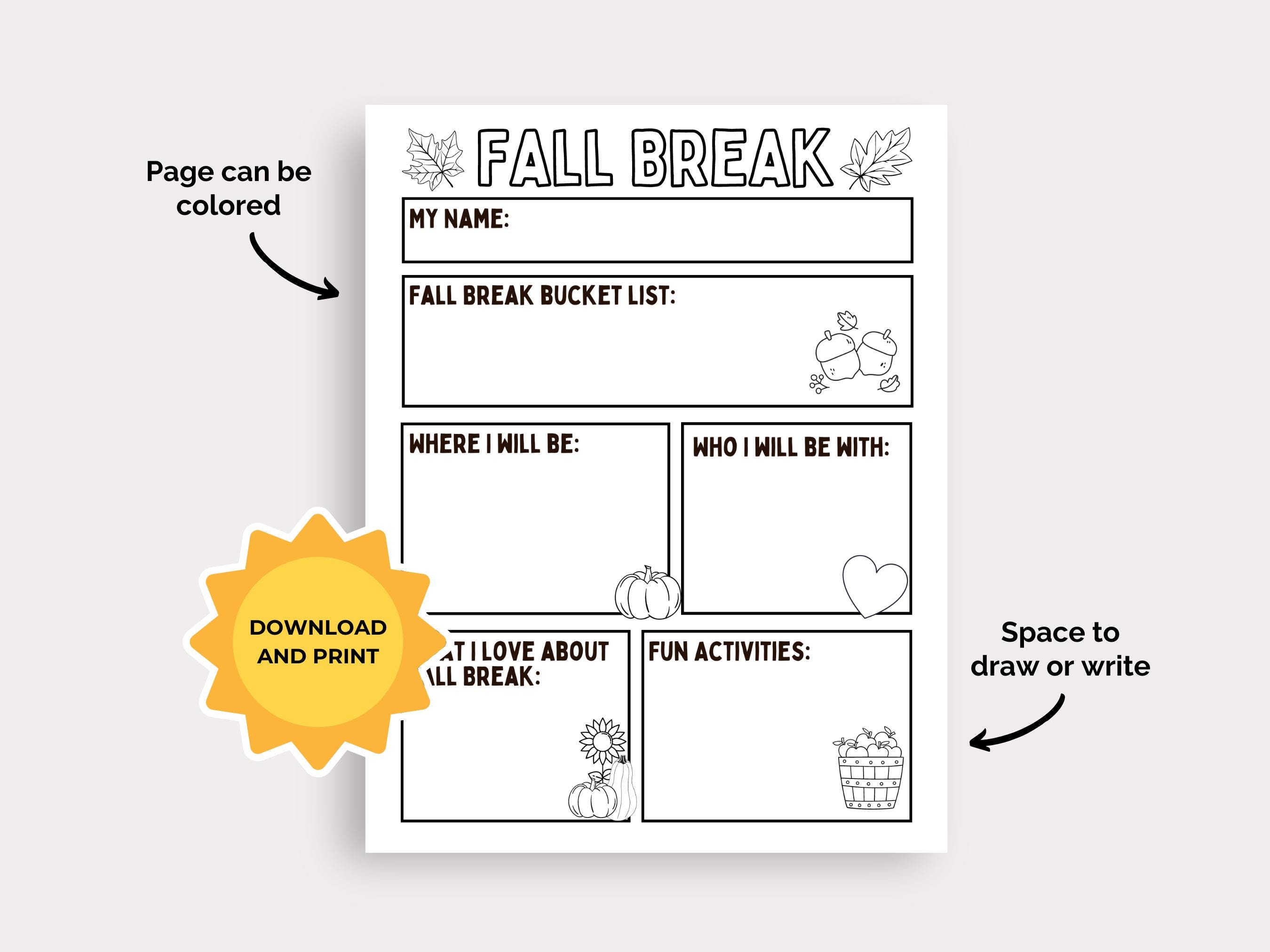 Fall Break Checklist Fall Break Bucket List Printable for Kids - Fun Coloring Activity Page ...