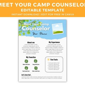 Puede incluir: Plantilla editable para una presentación de consejero de campamento. La plantilla presenta un fondo azul con un efecto de papel rasgado. El texto "Meet Your Camp Counselor" está en una fuente grande y en negrita en la parte superior de la página. La plantilla incluye secciones para "Acerca de mí", "Mi experiencia", "Mis favoritos" y "Datos divertidos".