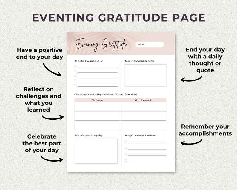 Evening Gratitude Page
Have a Positive End to your day. Reflect on challenges and what you learned. Celebrate the best part of your day. End your day with a daily thought or quote. Remember your accomplishments