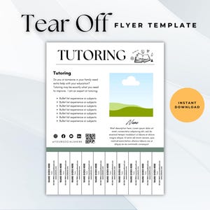 Puede incluir: Una plantilla de folleto desprendible para servicios de tutoría. El folleto presenta una ilustración de paisaje verde y azul, un icono de libro y el texto "Tutoría". El folleto también incluye una lista de viñetas que describen los servicios de tutoría y una sección para el nombre y la información de contacto del tutor.