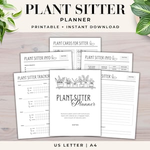 Könnte beinhalten: Druckbarer Pflanzen-Sitter-Planer mit Schwarzweiß-Illustrationen von Pflanzen. Der Planer enthält Abschnitte für Pflanzeninformationen, einen Bewässerungsplan und einen Tracker für die Pflanzenpflege.