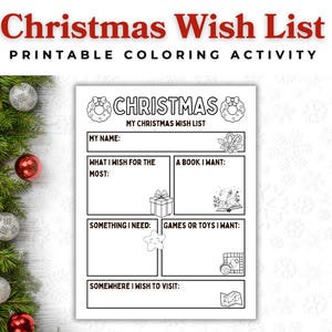 Página para colorear imprimible con la lista de deseos navideños para niños: actividad divertida para las fiestas, hoja para colorear con la lista de deseos navideños para niños: descarga digital