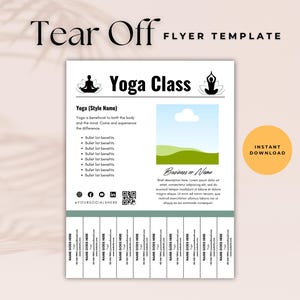 Può includere: Un modello di volantino a strappo per una lezione di yoga. Il volantino presenta una silhouette di una persona in una posa di yoga, un paesaggio verde e il testo "Yoga Class". Il volantino include anche un codice QR e icone di social media.