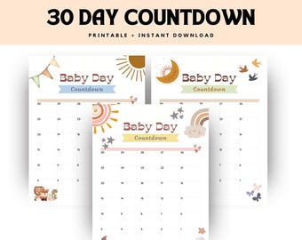 Baby Fälligkeitsdatum Countdown-Kalender - Schwangerschafts- und Geburten-Tracker - Printable, Boho Baby 30-Tage-Schwangerschafts-Countdown-Kalender - Geburtsplaner