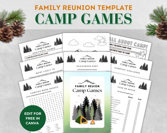 Familientreffen Camp Spiele Bearbeitbare Vorlage für alle Altersgruppen, druckbare Camping Aktivitäten Bundle für Familienfeier - Anpassbare Vorlage