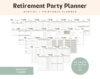 May include: A digital and printable retirement party planner with 30 pages. The planner includes pages for menu planning, party checklists, and budget tracking. The text "Retirement Party Planner" is at the top. The planner is available in US Letter, A4, and A5 sizes.