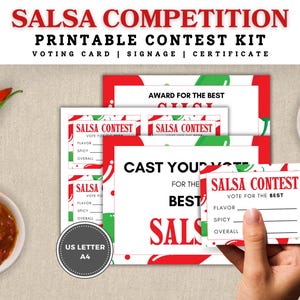 Puede incluir: Kit de concurso de salsa imprimible con tarjetas de votación, señalización y certificado. Las tarjetas presentan un diseño de chile rojo y verde y el texto "Concurso de salsa" y "Vota por el mejor".