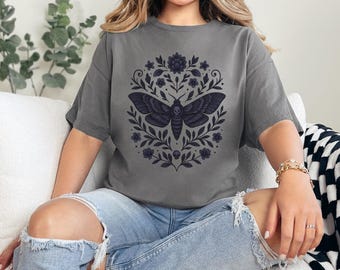 Gothic Garden T-Shirt, Dark Academia Moth Skull, Botanical Butterfly
