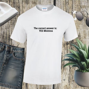 May include: White t-shirt with the text "The correct answer is: YES Mistress" printed on the front.