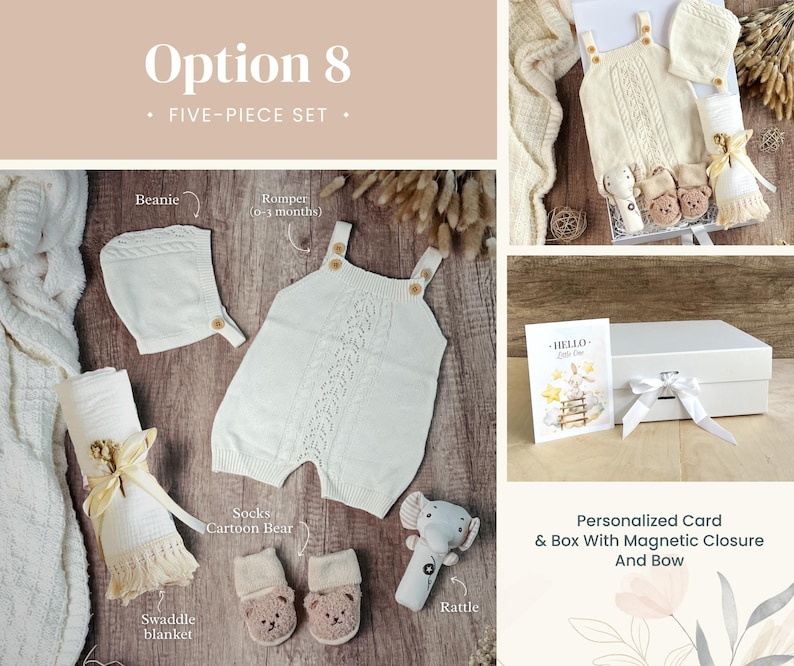 May include: A five-piece baby gift set in a white box with a magnetic closure and a bow. The set includes a white knitted romper, beanie, socks, a swaddle blanket, and a rattle. The box also includes a personalized card with the text "Hello Little One".