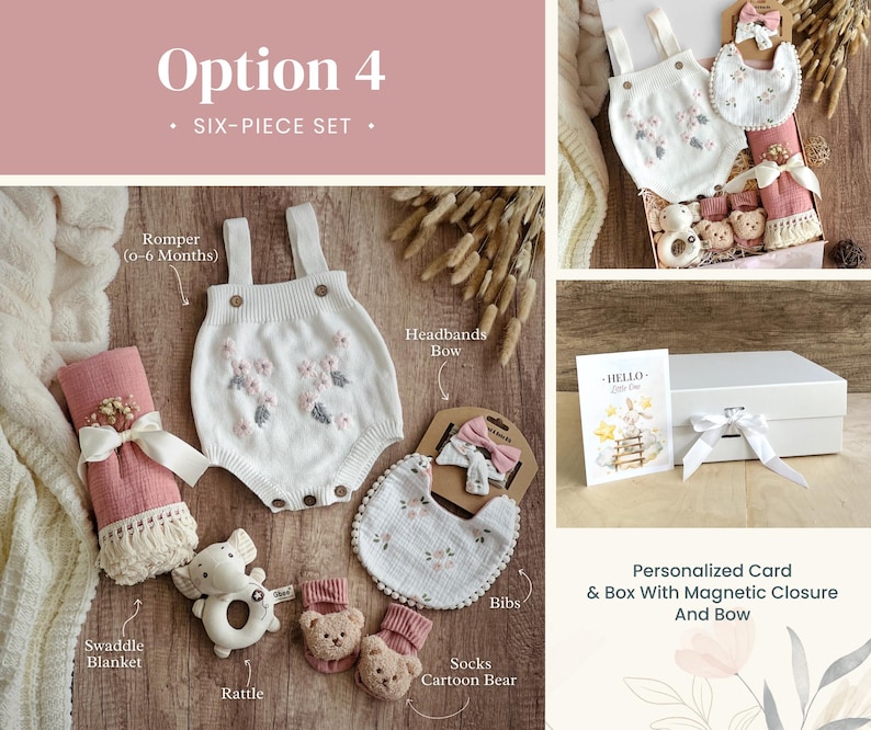 May include: A six-piece baby gift set in a white box with a magnetic closure and a bow. The set includes a white knitted romper with floral embroidery, a pink swaddle blanket, a white bib with floral embroidery, a rattle, a pair of socks with a cartoon bear design, and a headband with a bow.