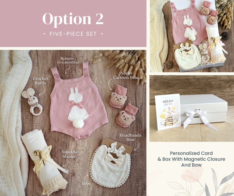 May include: A five-piece baby gift set in a white box with a pink romper, white crochet rattle, white swaddle blanket, white bib, and pink socks with a cartoon bear design. The box has a white ribbon and a personalized card that says "HELLO Little One".