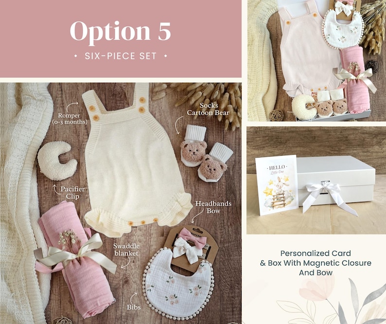May include: A six-piece baby gift set with a white knitted romper, a pink swaddle blanket, a white bib with floral embroidery, a pacifier clip, a pair of socks with a cartoon bear design, and a headband with a bow. The set is presented in a white gift box with a magnetic closure and a bow. The box also includes a personalized card with the text "HELLO Little One".