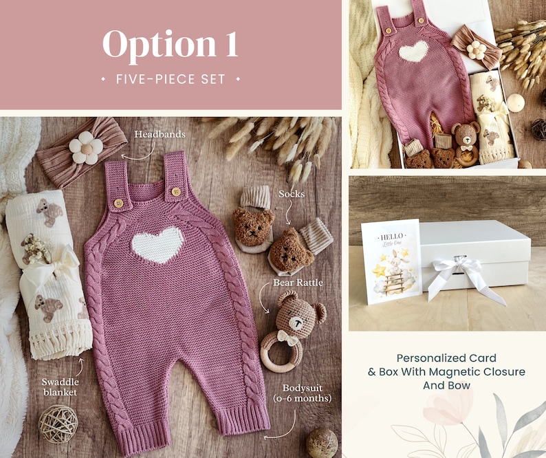 May include: A five-piece baby gift set in a white box with a pink knitted onesie, a swaddle blanket, a headband, socks, and a bear rattle. The box includes a personalized card with the text "HELLO Little One".