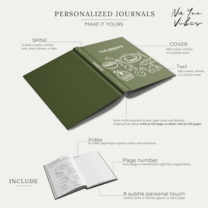 May include: An olive green personalised journal with white line art of food items on the cover. The text reads THE GREEN'S. The journal features a spine, a cover, and an interior page with an index and page numbers. Spine width ranges from 1.02 cm to 3.56 cm.