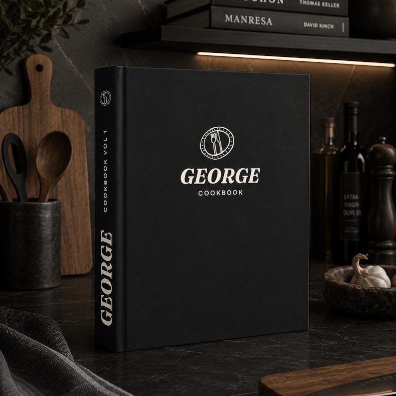 May include: A black hardback cookbook titled GEORGE COOKBOOK with white text and a circular logo featuring a fork and knife icon on the front cover. The spine of the book also displays the word GEORGE and the text COOKBOOK VOL 1 in white.