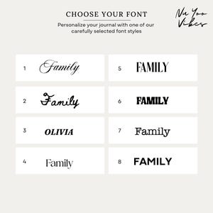 Eight font styles available for personalizing the cover of a custom family recipe journal.
