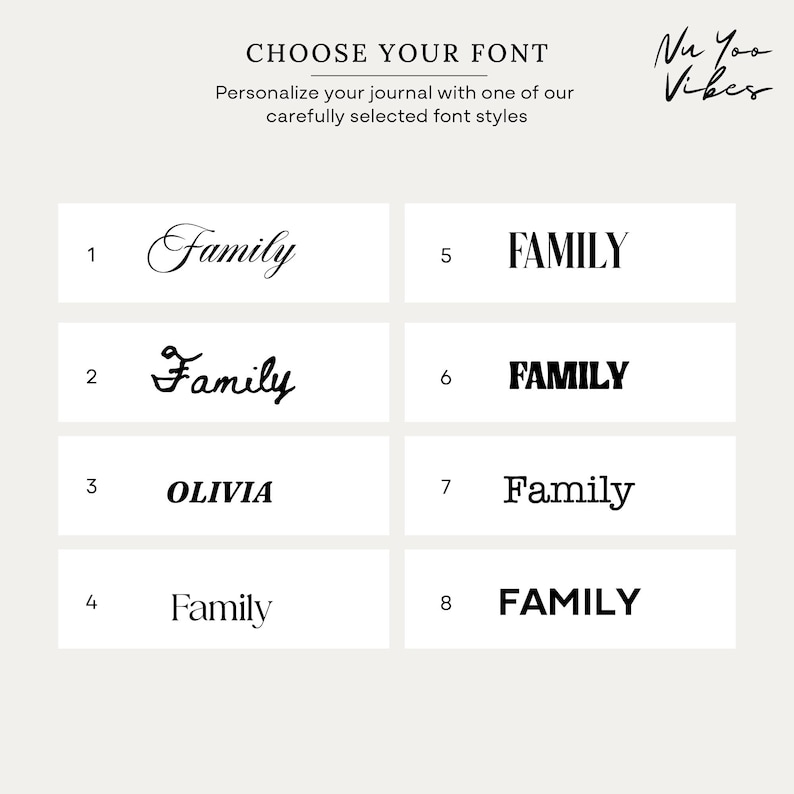 Eight font styles available for personalizing the cover of a custom family recipe journal.