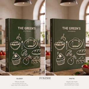 May include: A dark green hardback cookbook titled THE GREEN'S COOKBOOK with gold line art illustrations of food items including a bowl, a menu on a plate, a cupcake, a mushroom, a pear, a slice of cheese, and a loaf of bread on the front cover.