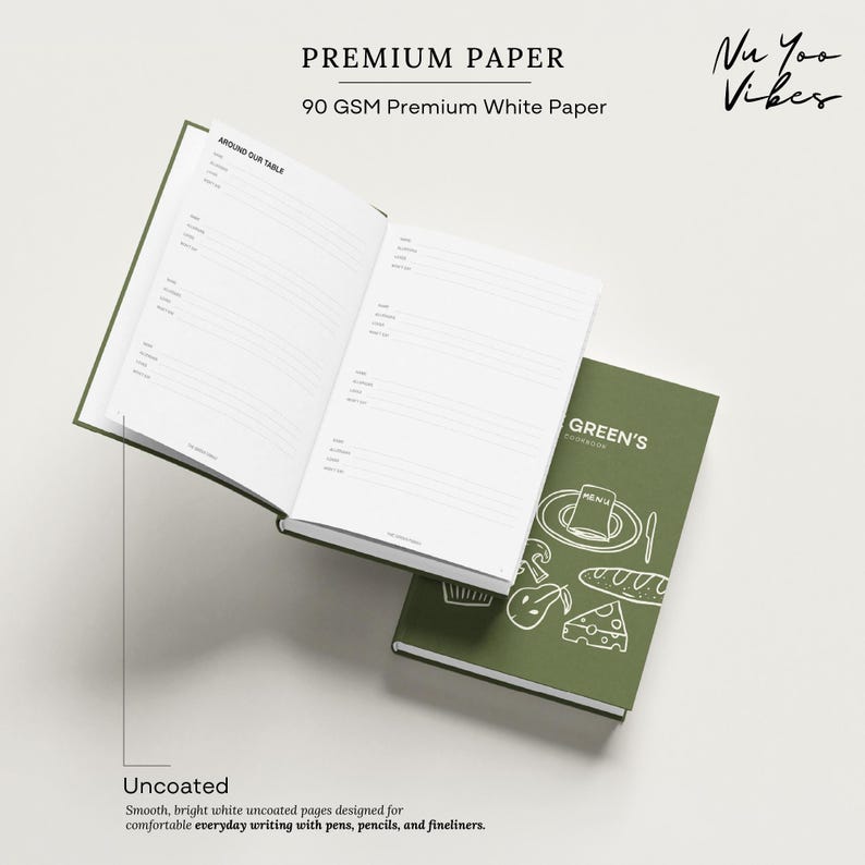 Open personalized cookbook showing smooth 90 GSM premium uncoated paper designed for comfortable everyday writing.