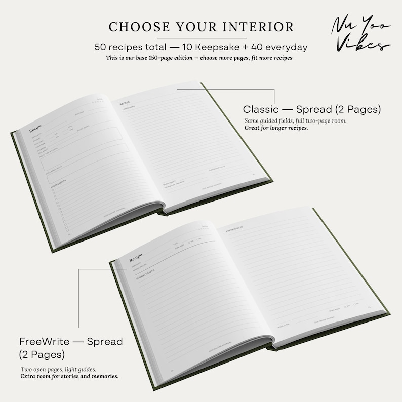 May include: Two open recipe journals with white pages and black text. The top journal shows a Classic spread with guided fields for ingredients and instructions. The bottom journal shows a FreeWrite spread with lined pages. Text includes CHOOSE YOUR INTERIOR, Nu Yoo Vibes, 50 recipes total, 10 Keepsake + 40 everyday, Classic - Spread (2 Pages), and FreeWrite - Spread (2 Pages).