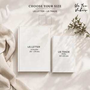 Size comparison between US Letter (8.5 × 11 inches) and US Trade (6 × 9 inches) personalized recipe journals.