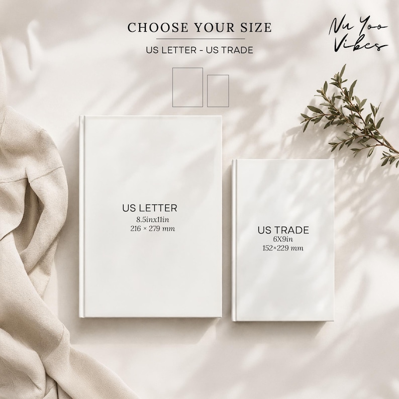 Size comparison between US Letter (8.5 × 11 inches) and US Trade (6 × 9 inches) personalized recipe journals.